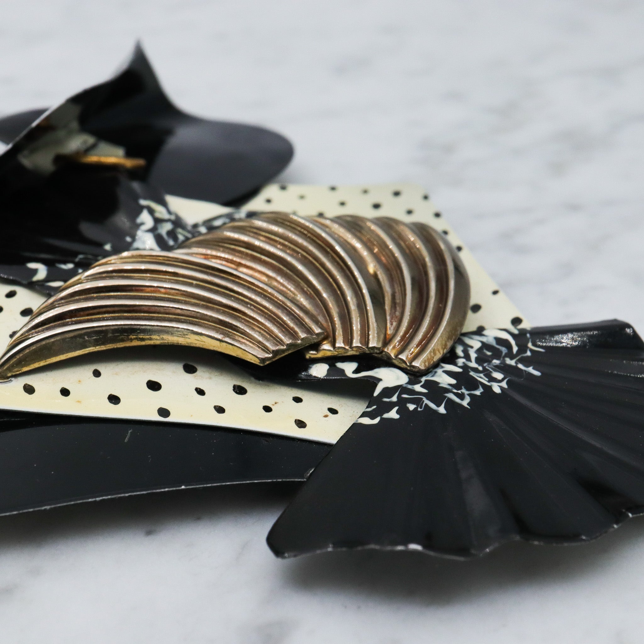 Huge 1980's handmade black & white lady brooch